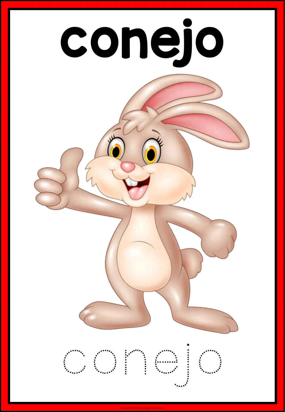 Spanish animal tracing card: conejo (rabbit), with a rabbit illustration and the dotted word conejo to trace.