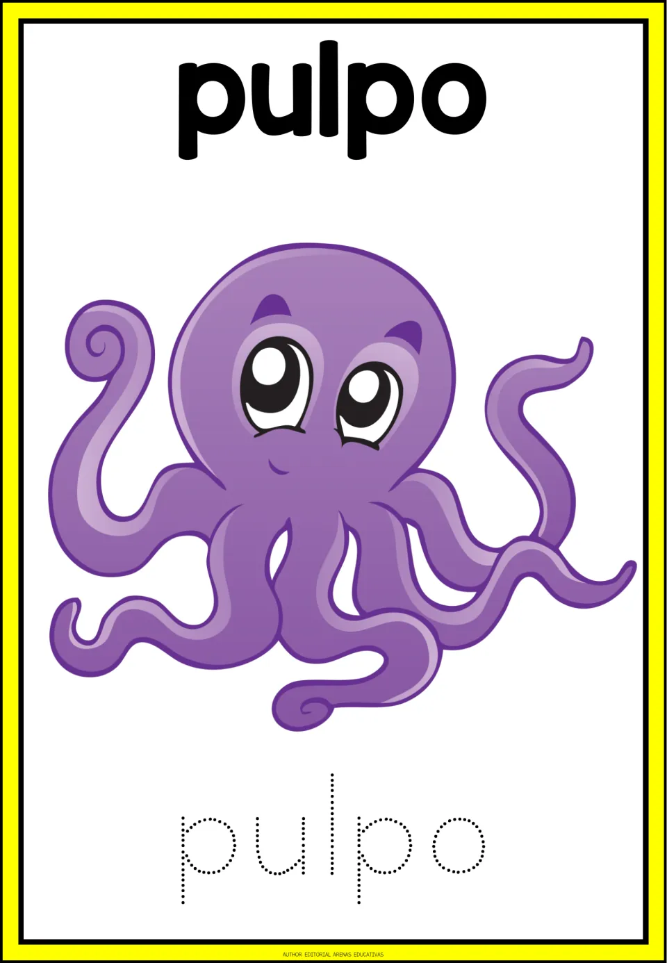 Spanish animal tracing card: pulpo (octopus), with an octopus illustration and the dotted word pulpo to trace.