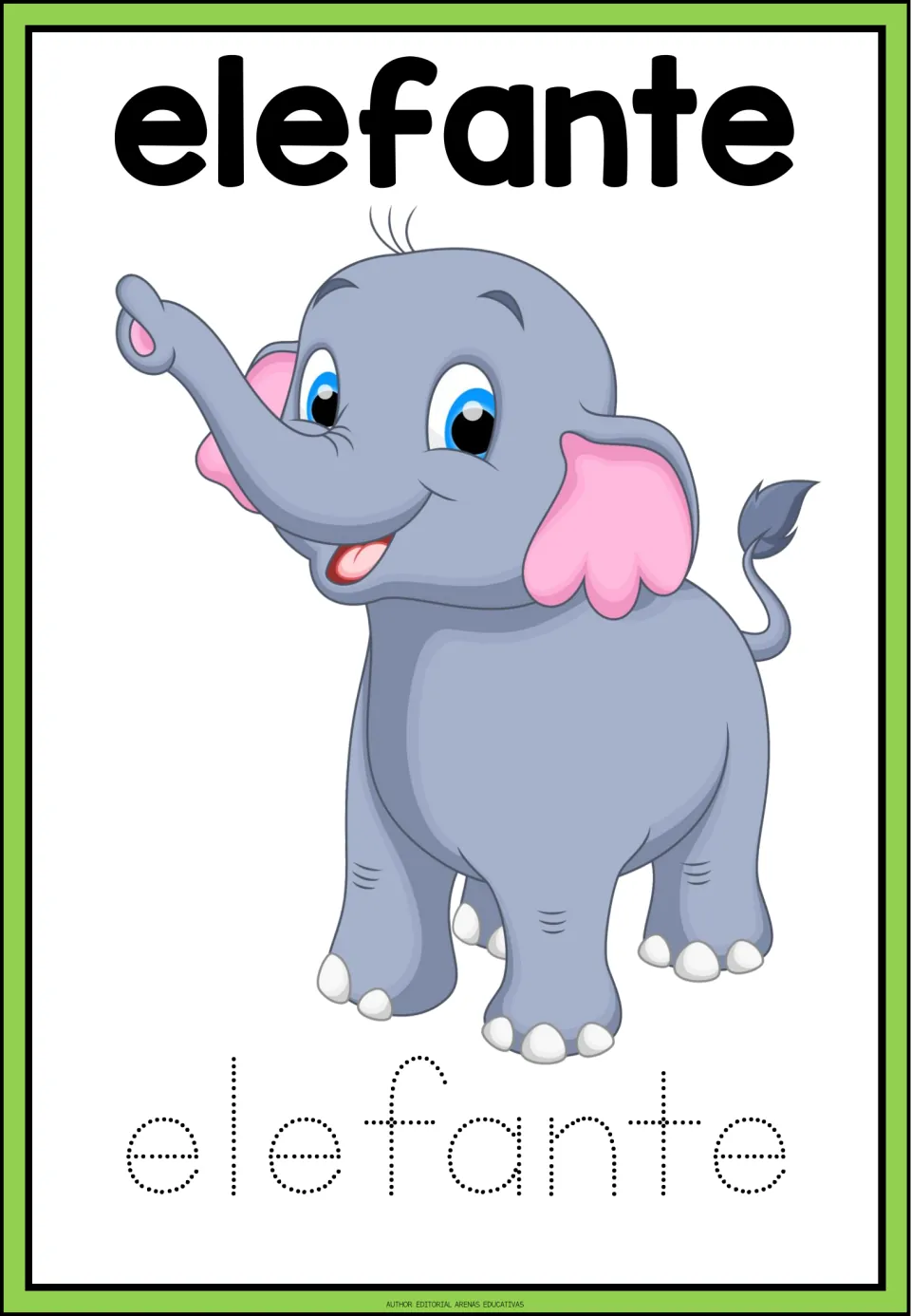 Spanish animal tracing card: elefante (elephant), with an elephant illustration and dotted elefante to trace.