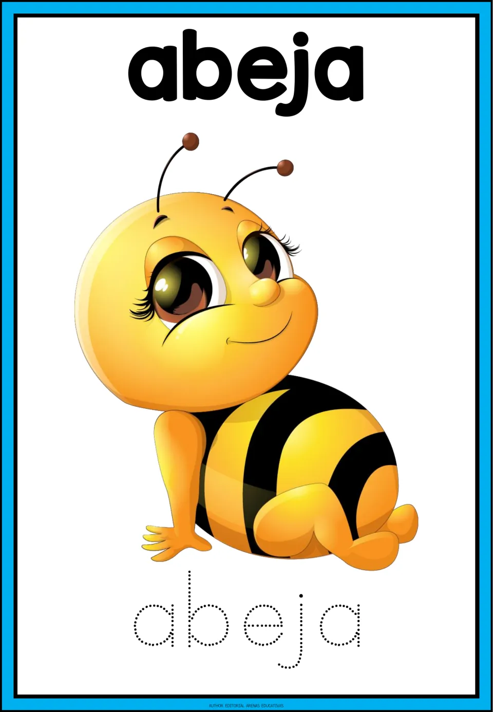 Spanish animal tracing card: abeja (bee), with a bee illustration and the dotted lowercase word abeja to trace.