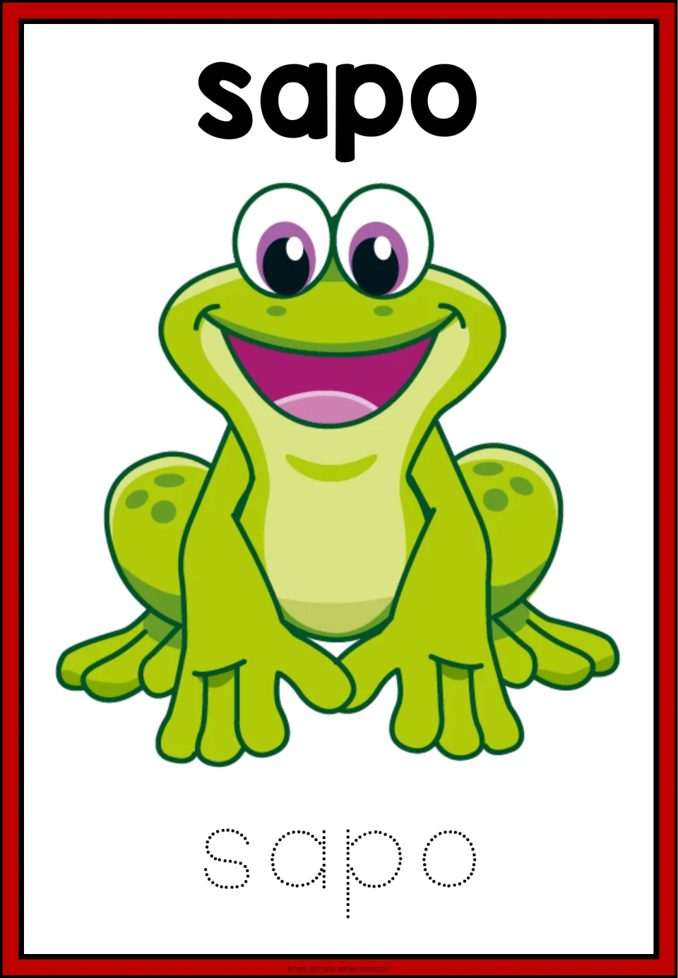 Spanish animal tracing card: sapo (toad), with an amphibian illustration and the dotted word sapo to trace.