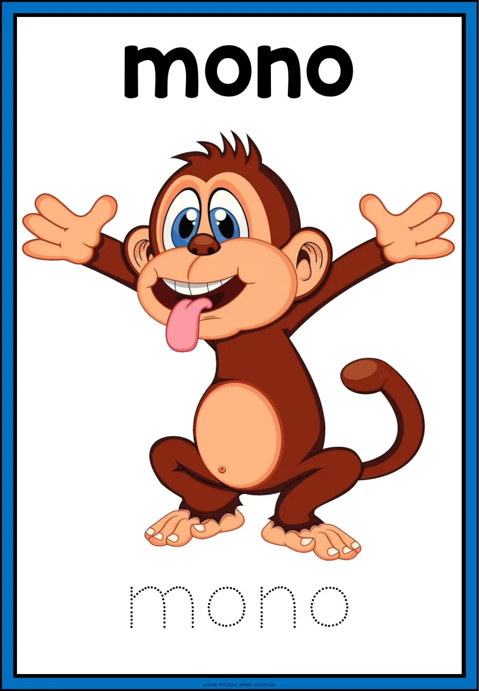 Spanish animal tracing card: mono (monkey), with a monkey illustration and the dotted word mono to trace.