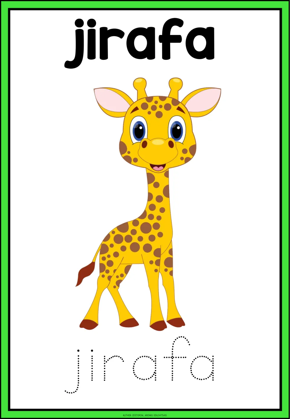 Spanish animal tracing card: jirafa (giraffe), with a giraffe illustration and the dotted word jirafa to trace.