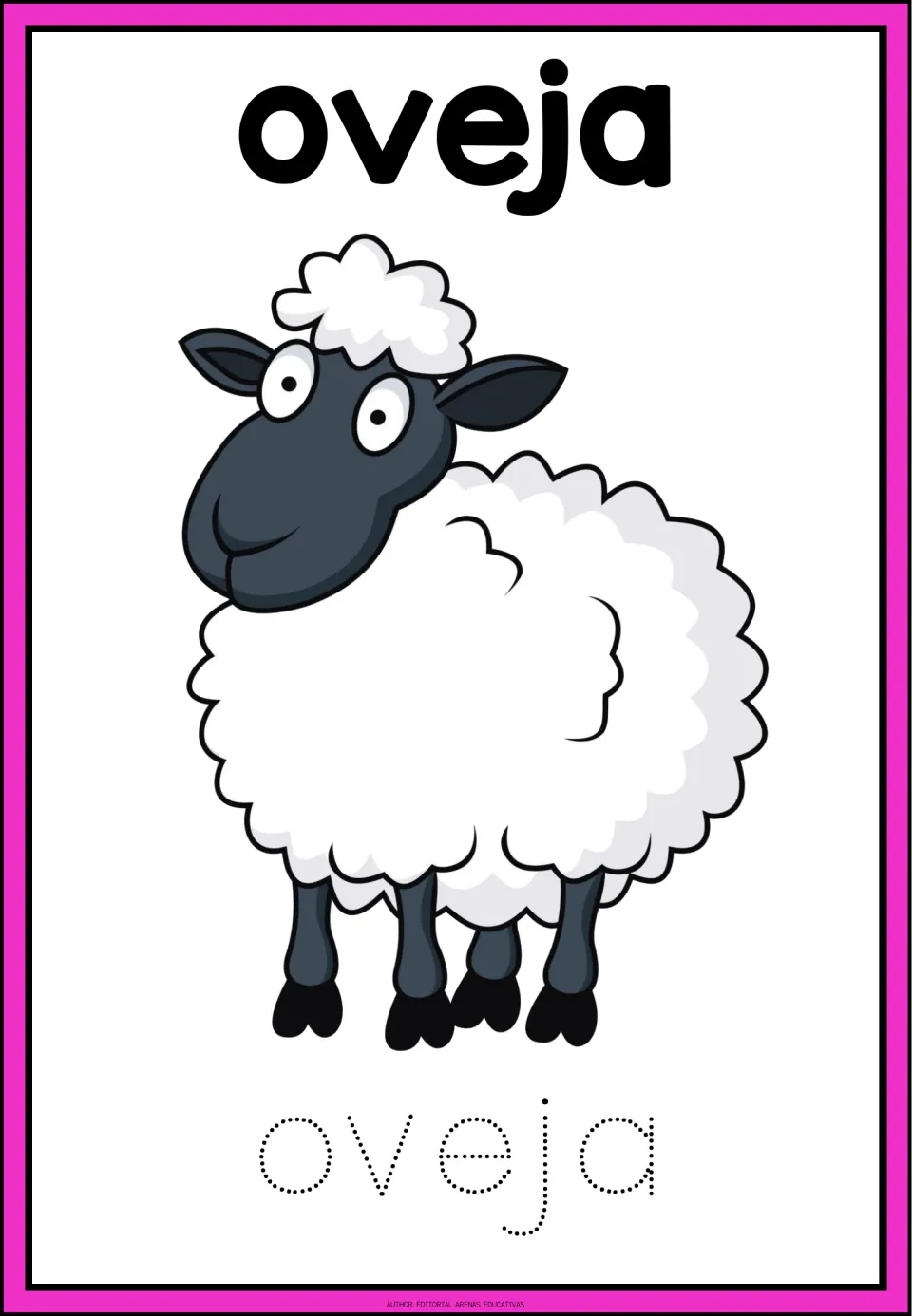 Spanish animal tracing card: oveja (sheep), with a sheep illustration and the dotted word oveja to trace.