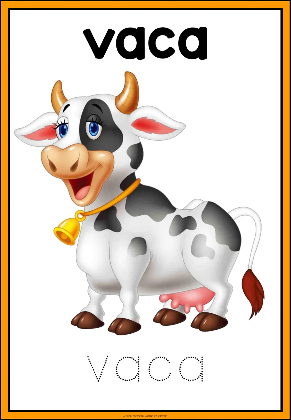 Spanish animal tracing card: vaca (cow), with a cow illustration and the dotted lowercase word vaca to trace.