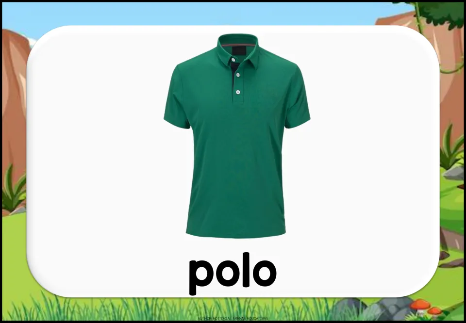 Spanish clothing vocabulary flashcard showing a green short-sleeved polo shirt labeled “polo” (polo shirt)