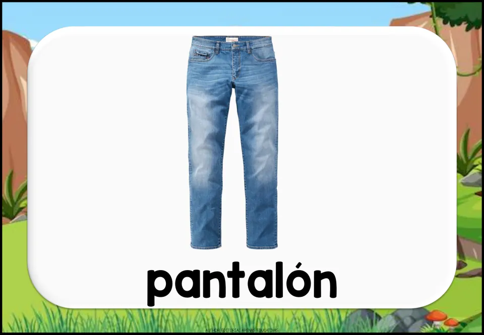 Spanish clothing vocabulary flashcard showing a pair of long blue jeans labeled “pantalón” (pants)