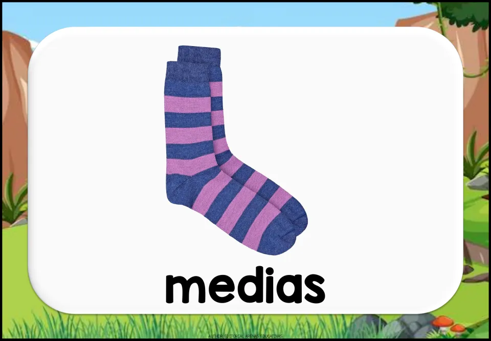 Spanish clothing vocabulary flashcard showing blue and purple striped socks labeled “medias” (socks)