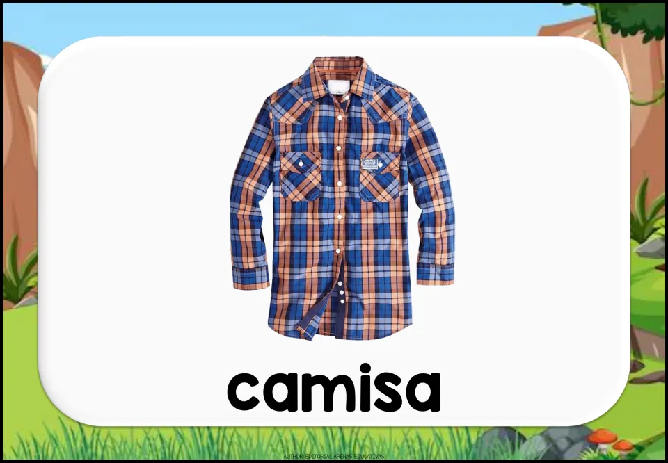 Spanish clothing vocabulary flashcard showing a long-sleeved plaid button-up shirt labeled “camisa” (shirt)