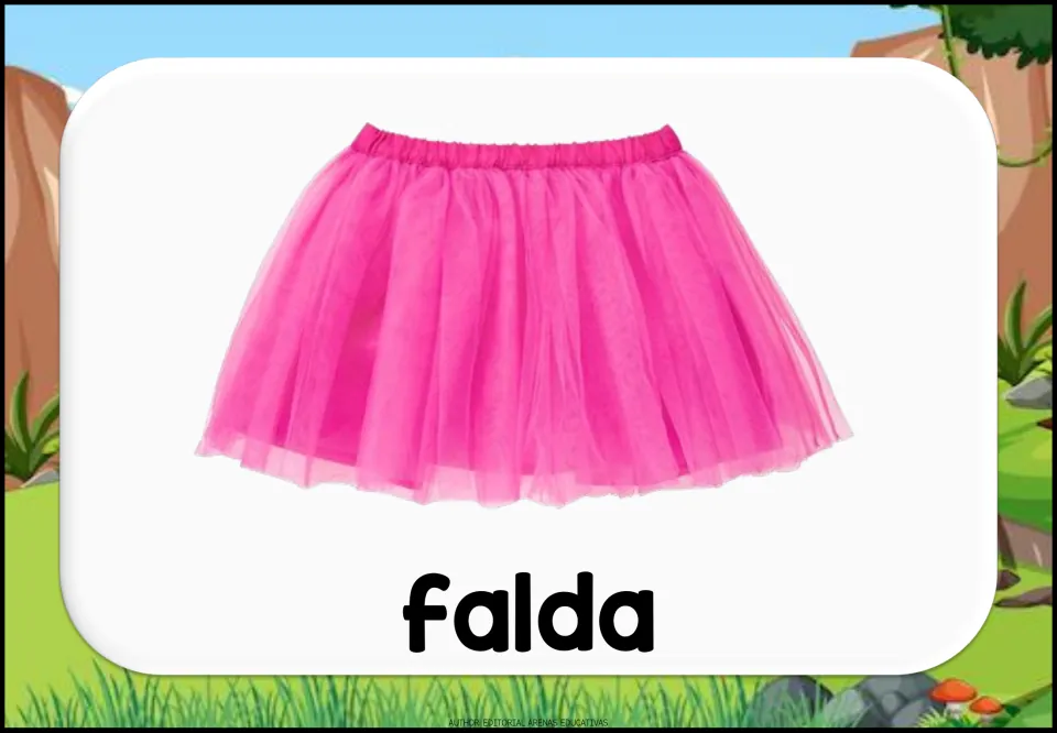 Spanish clothing vocabulary flashcard showing a bright pink skirt with an elastic waist labeled “falda” (skirt)