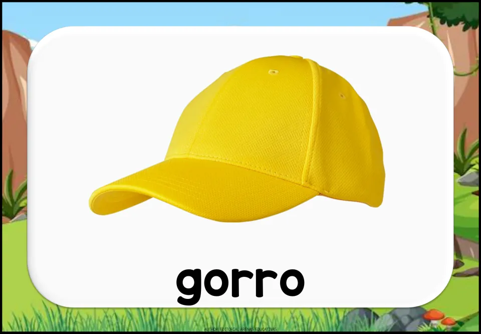 Spanish clothing vocabulary flashcard showing a bright yellow baseball cap labeled “gorro” (hat)