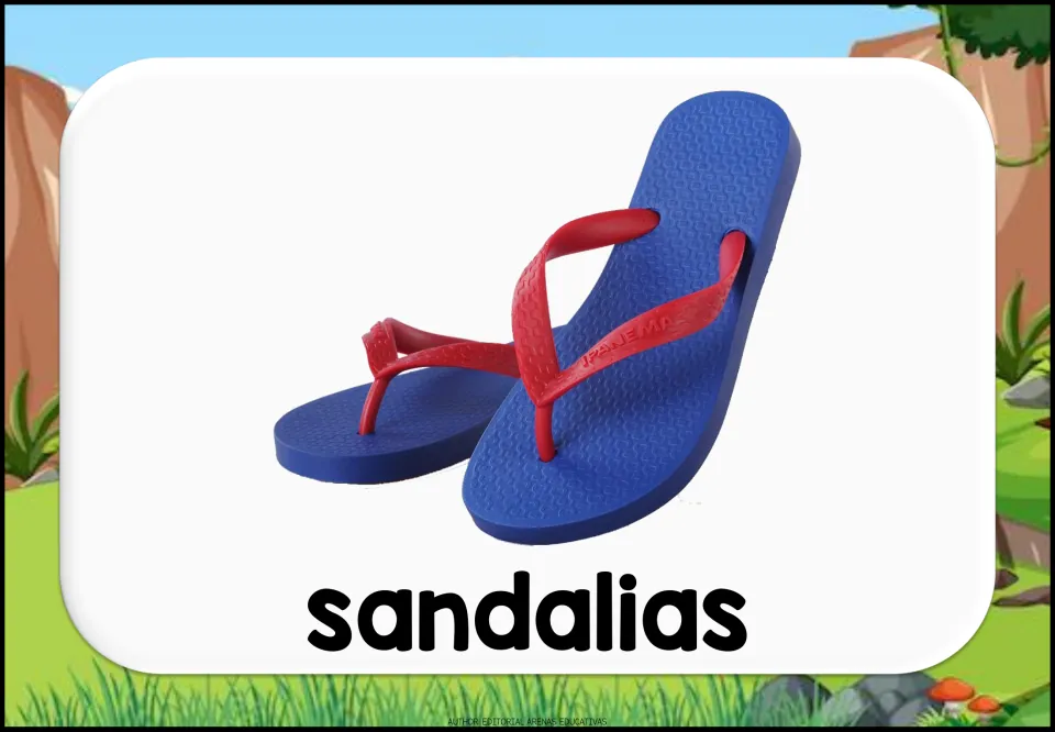 Spanish clothing vocabulary flashcard showing blue flip-flops with red straps labeled “sandalias” (sandals)