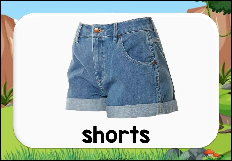 Spanish clothing vocabulary flashcard showing blue denim shorts with rolled cuffs labeled “shorts” (shorts)
