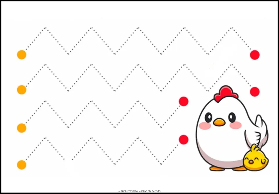 Tracing practice sheet 1: four zigzag paths with repeated sharp peaks between orange and red endpoints