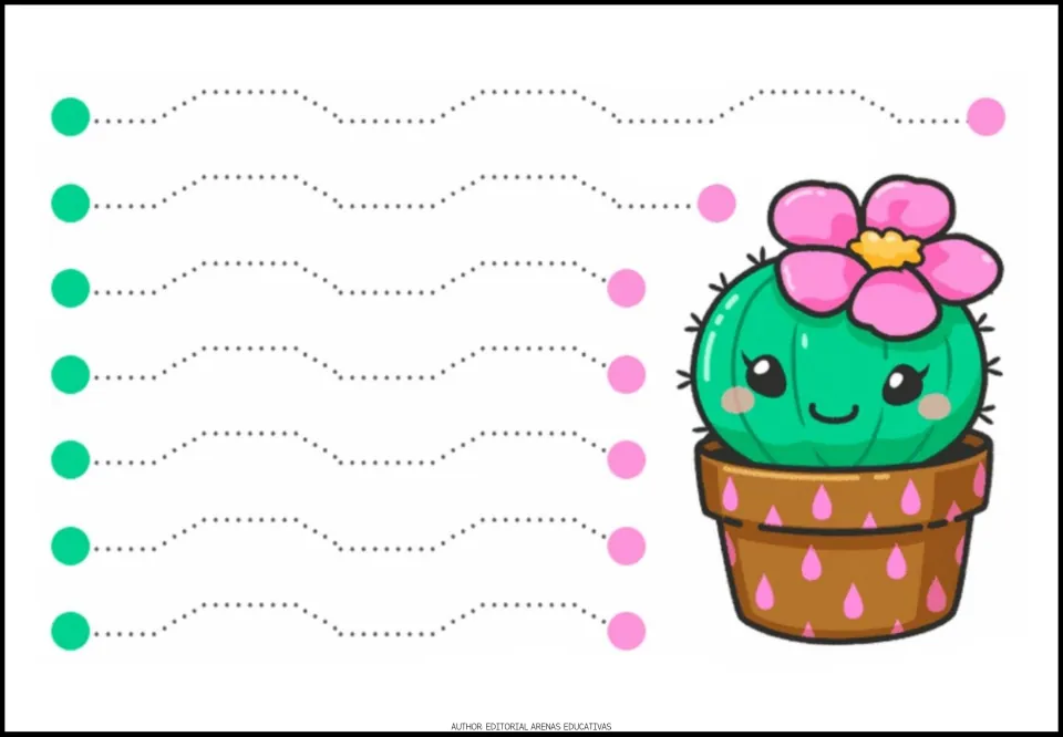 Tracing practice sheet 3: seven paths that rise and fall across flat sections between green and pink endpoints