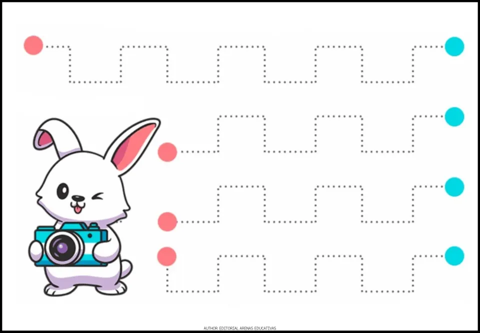 Tracing practice sheet 4: four repeating step-shaped paths with right-angle turns between pink and teal endpoints