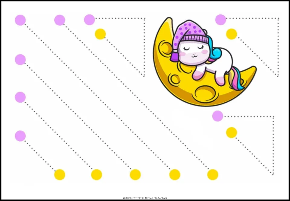 Tracing practice sheet 9: five straight diagonal paths and three bent paths between purple and yellow endpoints