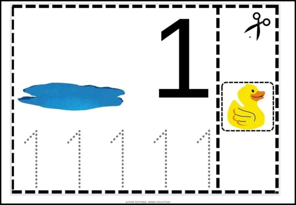 Number 1 activity sheet with a large numeral, five traceable 1s, a pond and one duck to cut out