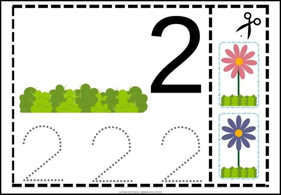 Number 2 activity sheet with a large numeral, three traceable 2s, greenery and two flowers to cut out