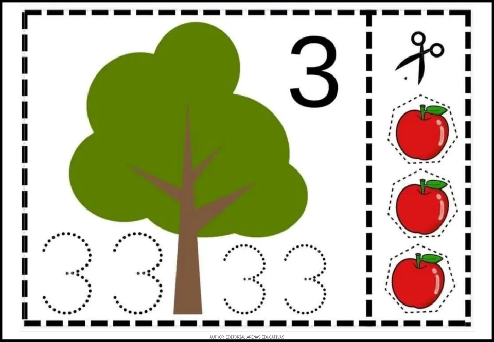 Number 3 activity sheet with a large numeral, four traceable 3s, a tree and three apples to cut out