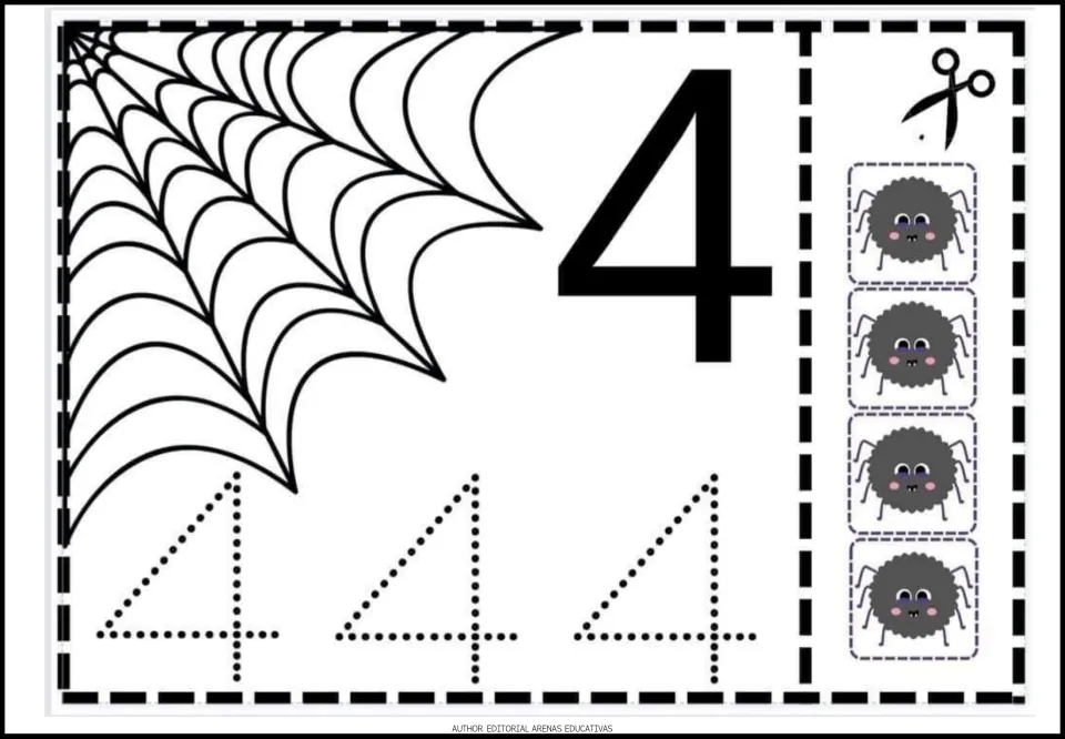 Number 4 activity sheet with a large numeral, three traceable 4s, a web and four spiders to cut out