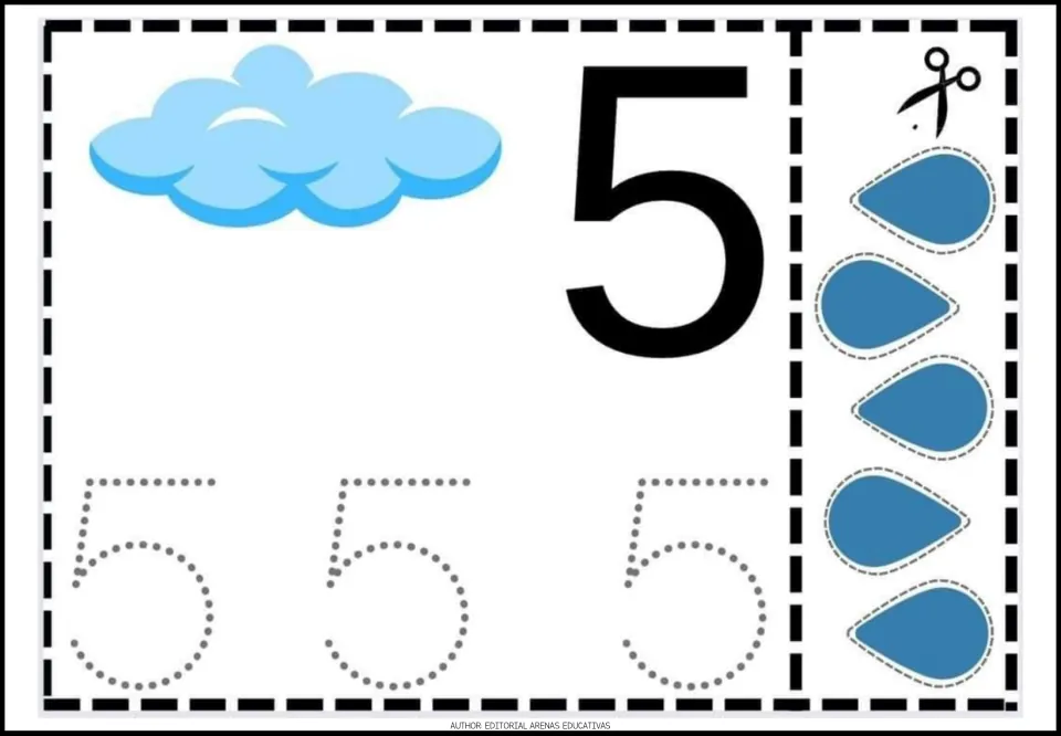 Number 5 activity sheet with a large numeral, three traceable 5s, a cloud and five raindrops to cut out