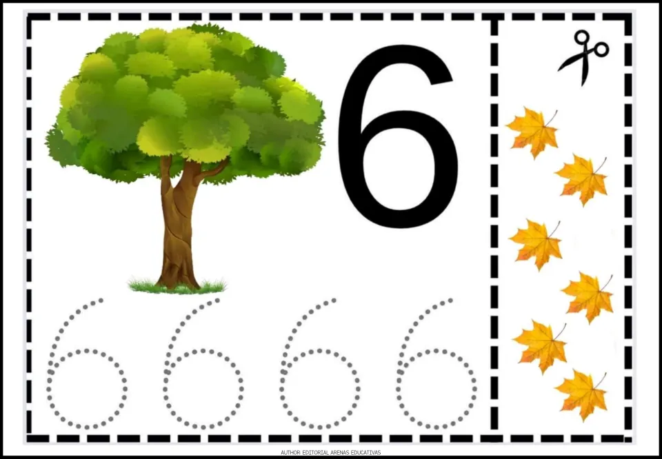 Number 6 activity sheet with a large numeral, four traceable 6s, a tree and six leaves to cut out