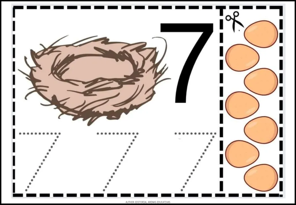Number 7 activity sheet with a large numeral, three traceable 7s, a nest and seven eggs to cut out