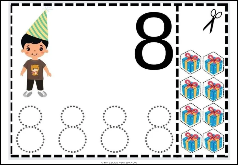 Number 8 activity sheet with a large numeral, four traceable 8s, a birthday child and eight gift cutouts