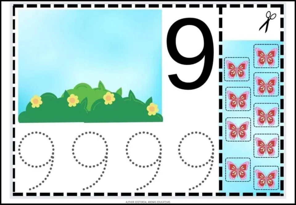 Number 9 activity sheet with a large numeral, four traceable 9s, a garden and nine butterflies to cut out