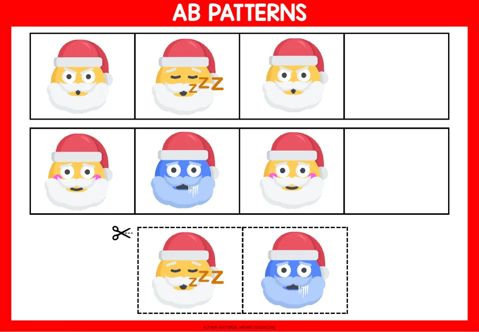 AB pattern worksheet 1: angry and sleeping Santas, then rosy-cheeked and freezing Santas, with cutout choices