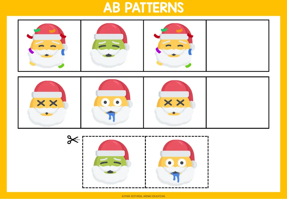 AB pattern worksheet 2: confetti and green-faced Santas, then X-eyed and drooling Santas, with cutout choices