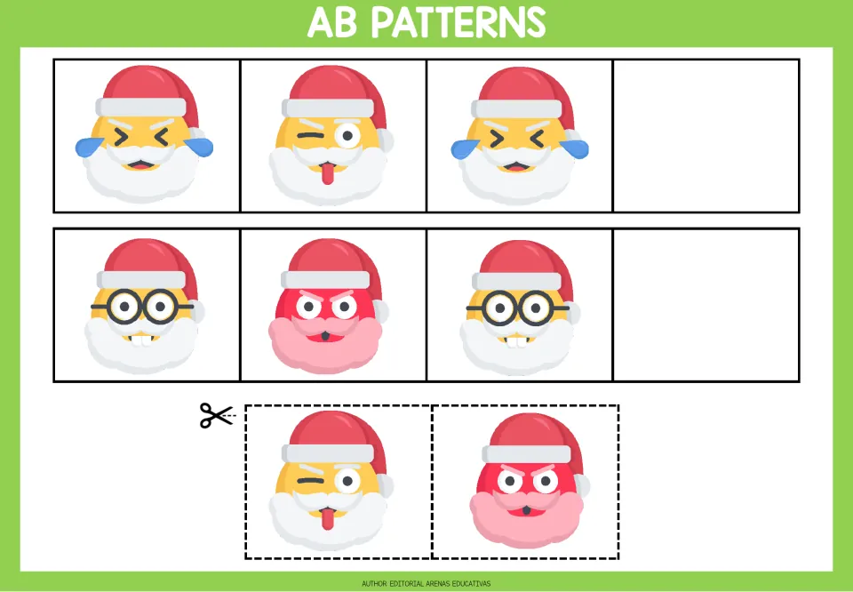 AB pattern worksheet 3: laughing and winking Santas, then glasses-wearing and red angry Santas, with cutouts