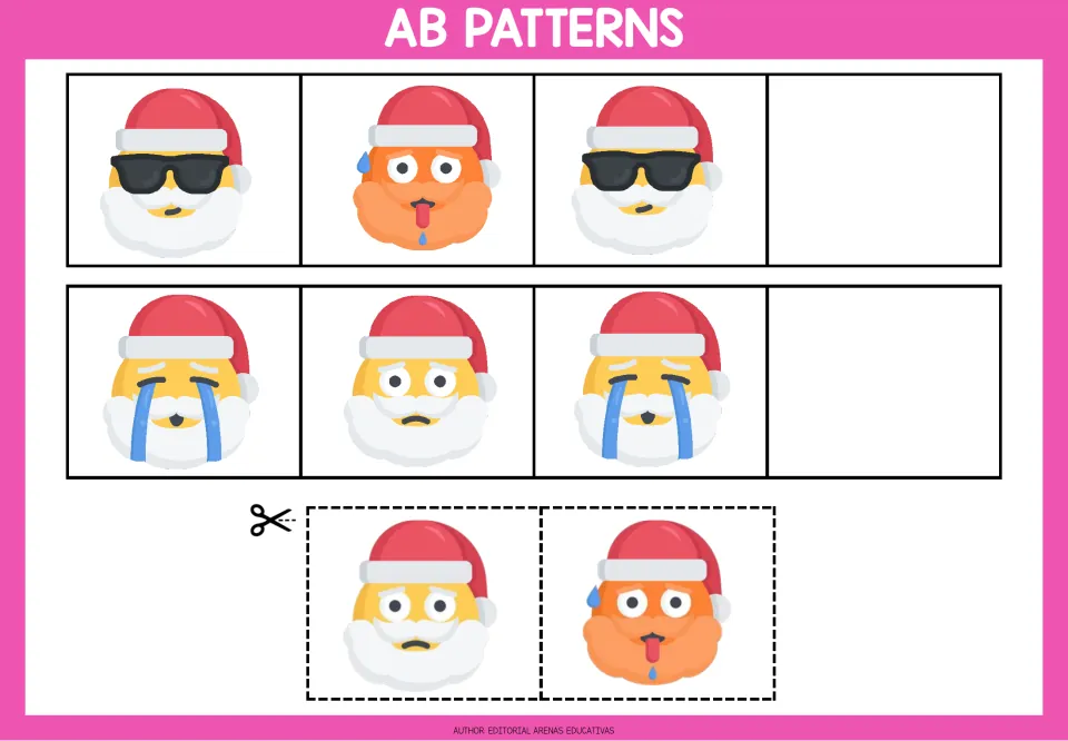 AB pattern worksheet 4: sunglasses and sweating Santas, then crying and worried Santas, with cutout choices
