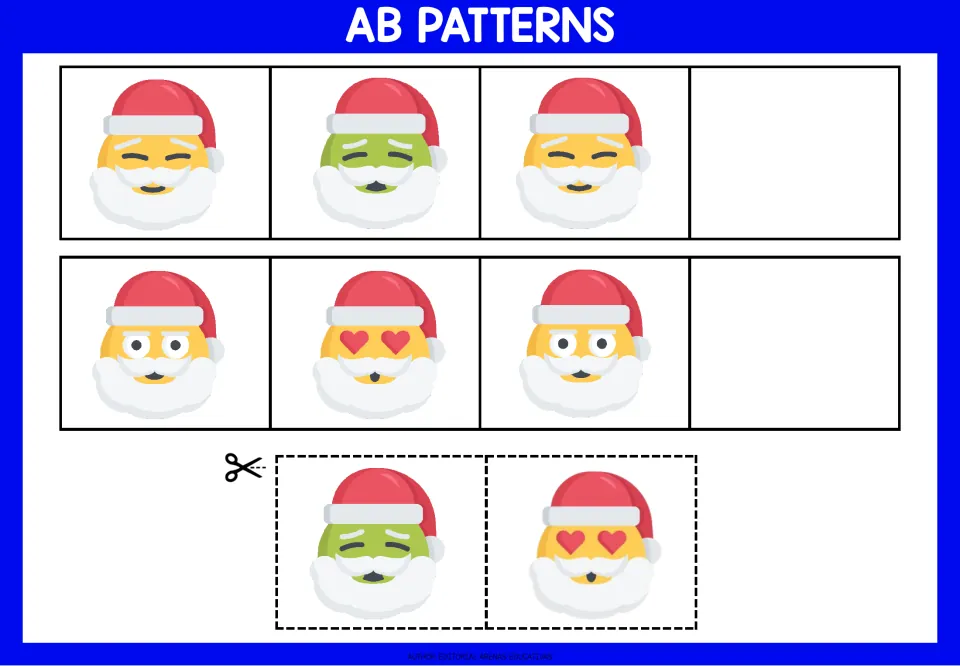 AB pattern worksheet 5: smiling and green-faced Santas, then plain-eyed and heart-eyed Santas, with cutouts