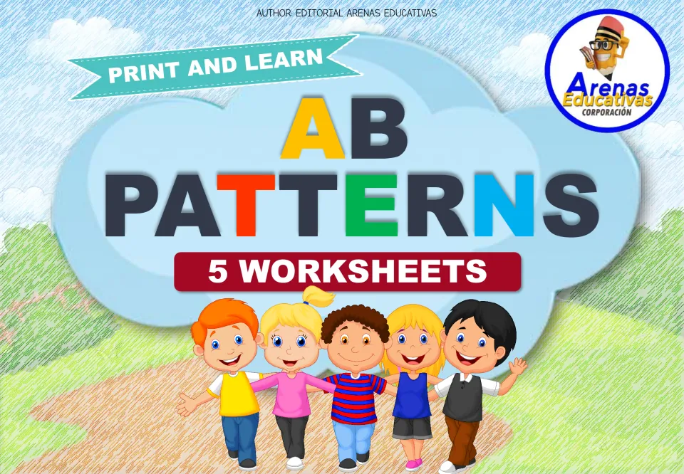 AB Patterns cover: Print and Learn, 5 worksheets, with five cartoon children walking arm in arm on a path