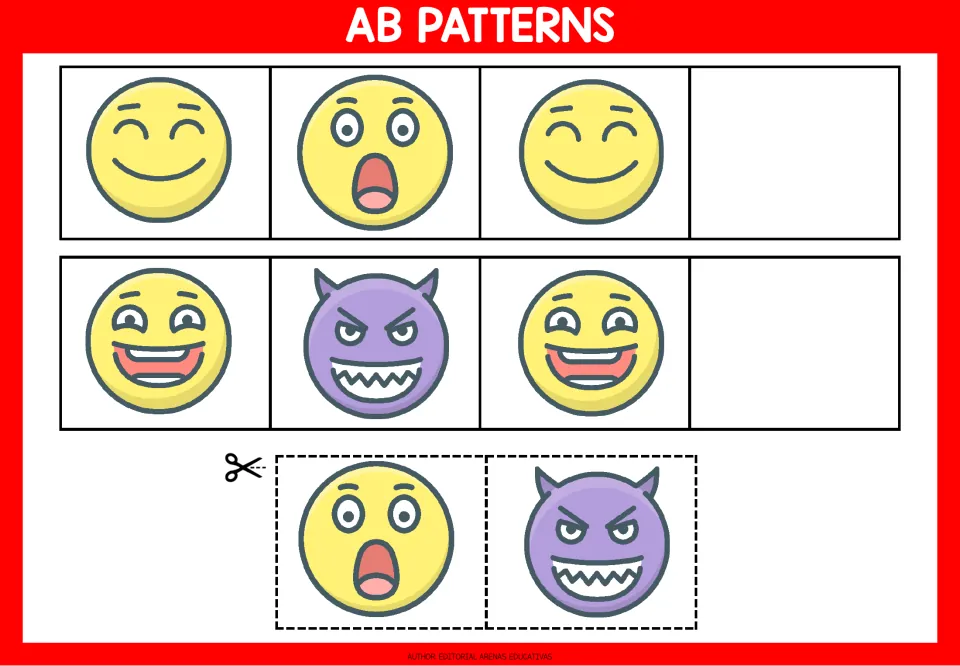AB patterns with emojis: students cut out the surprised face and purple devil to complete two repeating rows