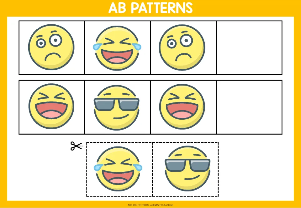 Emoji AB patterns: students cut out a laughing-tears face and a sunglasses face to finish two repeating rows