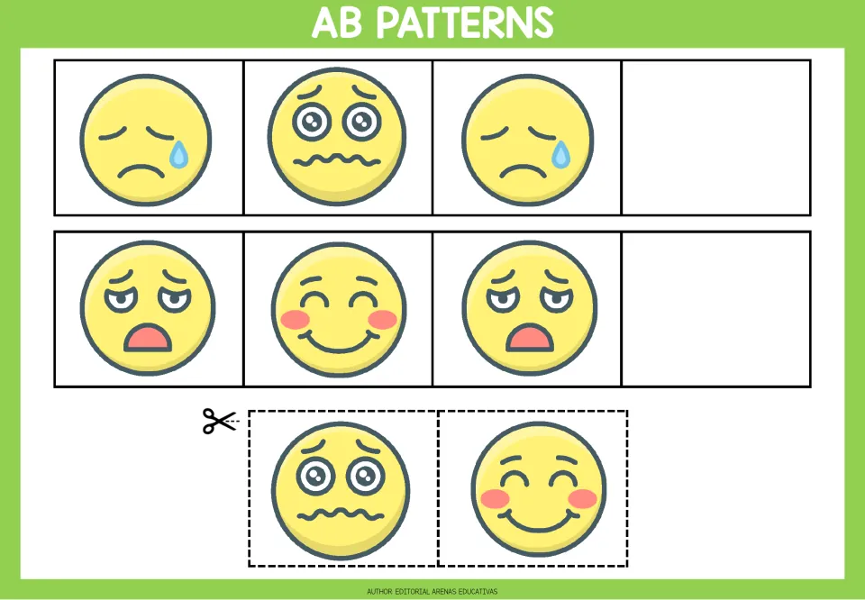 Feelings-face AB patterns: students cut and glue a nervous face and a blushing smile to complete each row