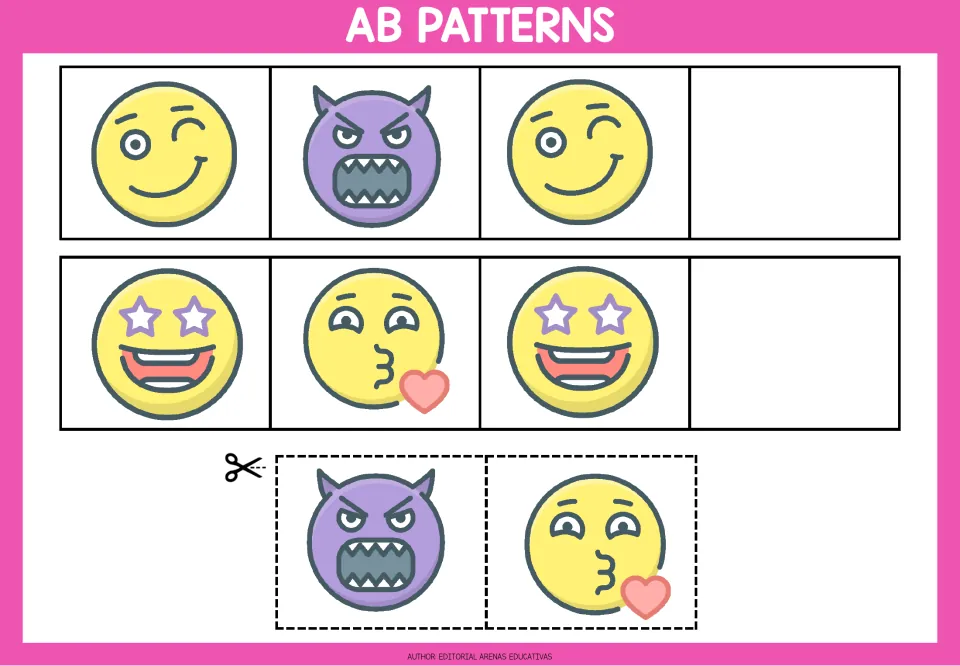 Emoji AB patterns: winking and devil faces in one row, star-eyed and kissing faces in another; students add the next