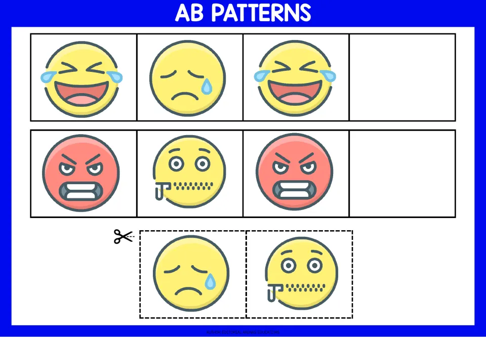 AB patterns: students glue a crying face after laughing-sad-laughing and a zipped mouth after angry-zip-angry