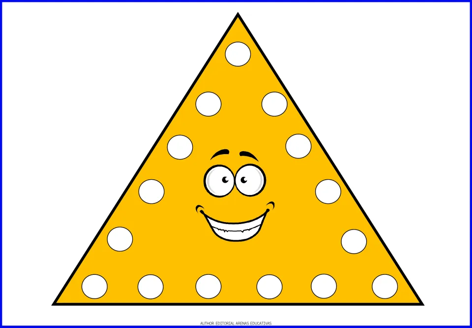 Triangle card in the shape fingerpainting resource: a golden yellow triangle with a face and white dots