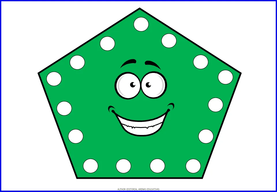 Pentagon card in the shape fingerpainting resource: a green pentagon with a face and white painting dots