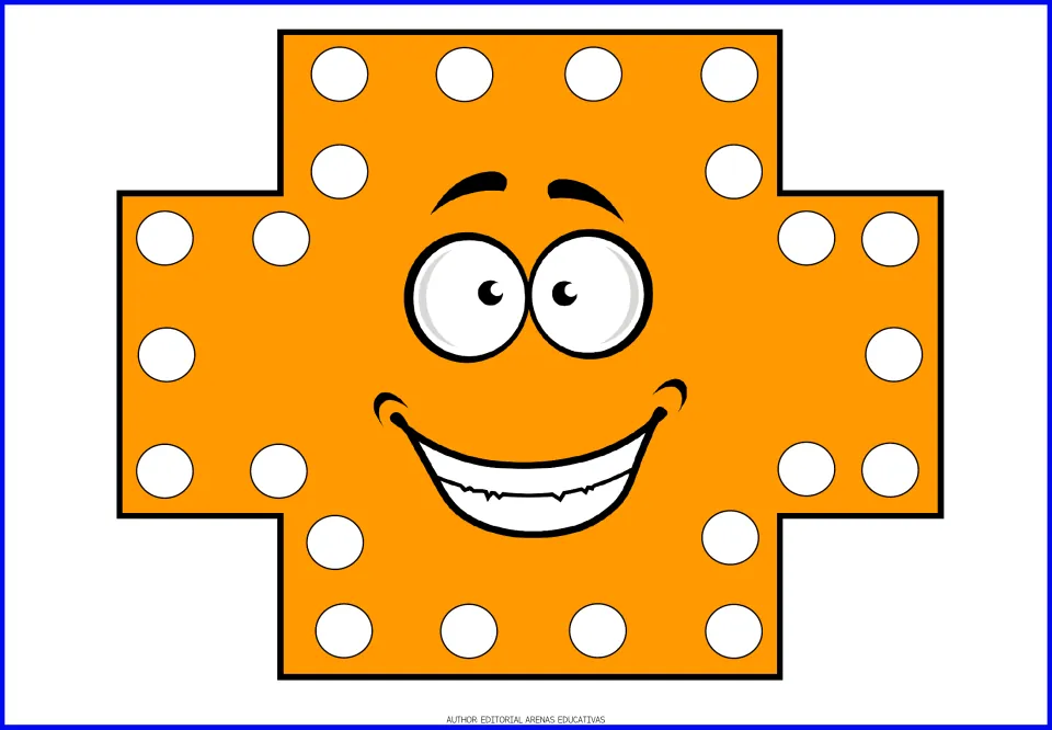 Cross card in the shape fingerpainting resource: an orange cross with a smiling face and white painting dots