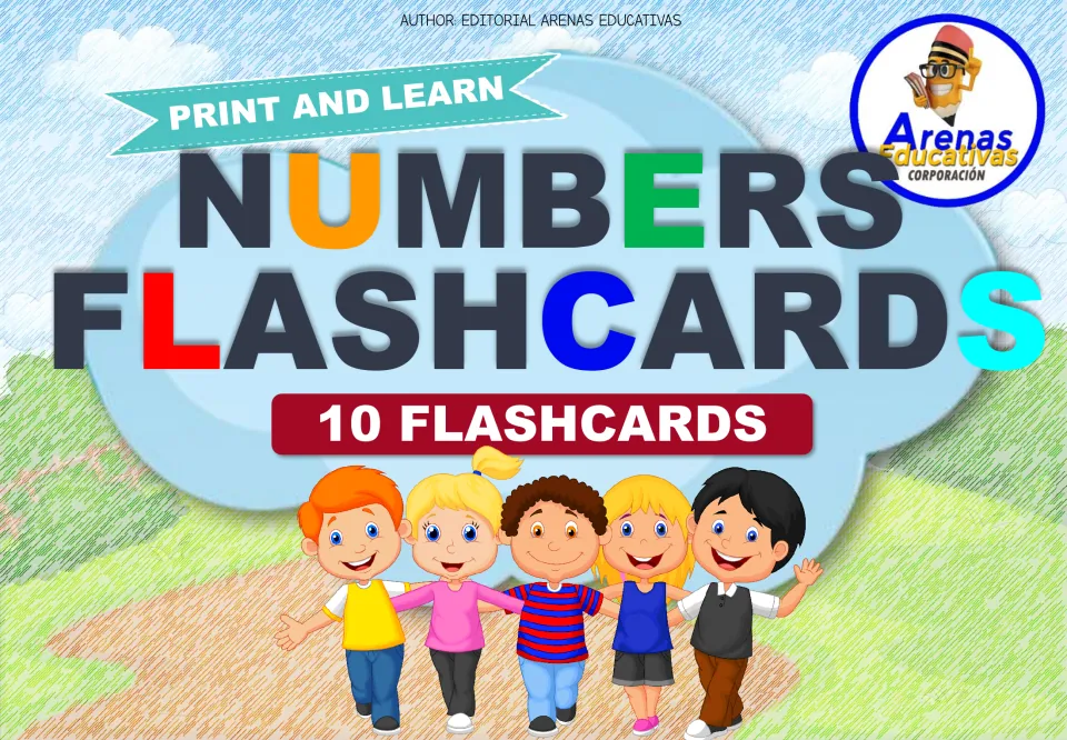 Numbers Flashcards cover: Print and Learn set of 10 flashcards by Editorial Arenas Educativas, with five cartoon children
