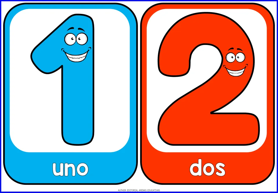 Number flashcards 1 and 2: smiling blue 1 and red 2 labeled with the Spanish number words uno and dos for numeral recognition