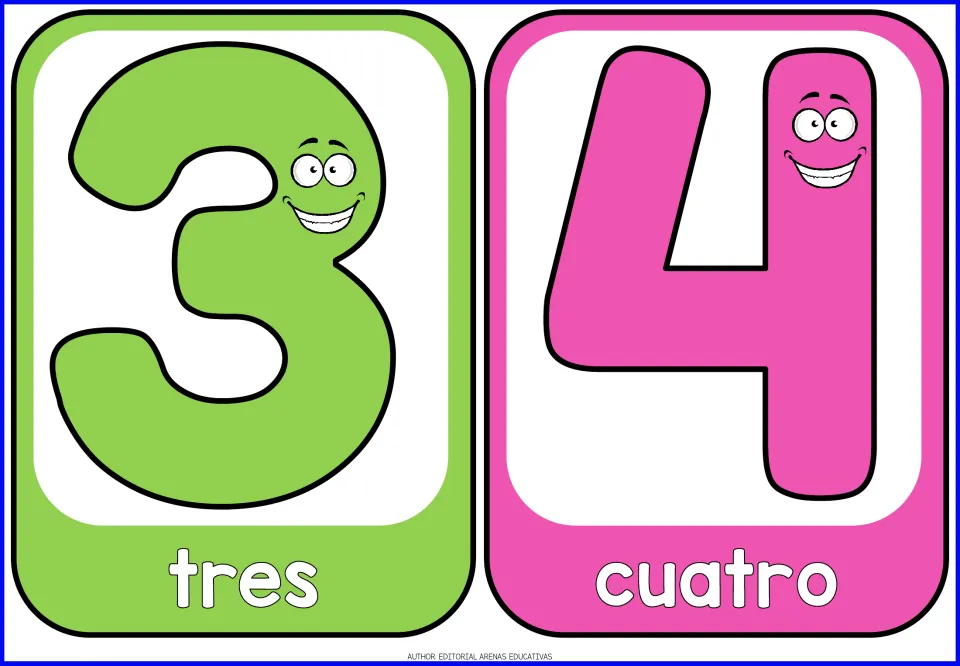 Number flashcards 3 and 4: green 3 and pink 4 with smiling faces, labeled tres and cuatro to pair numerals with Spanish words