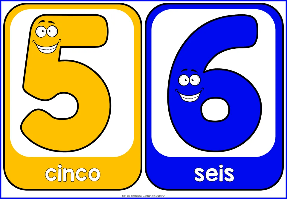 Number flashcards 5 and 6: yellow 5 and blue 6 cartoon numerals labeled cinco and seis for numeral and number word matching