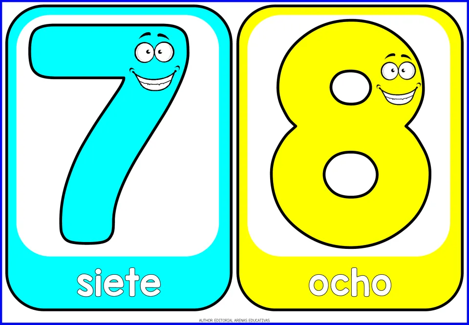 Number flashcards 7 and 8: cyan 7 and yellow 8 with cartoon faces, labeled siete and ocho in Spanish for numeral practice