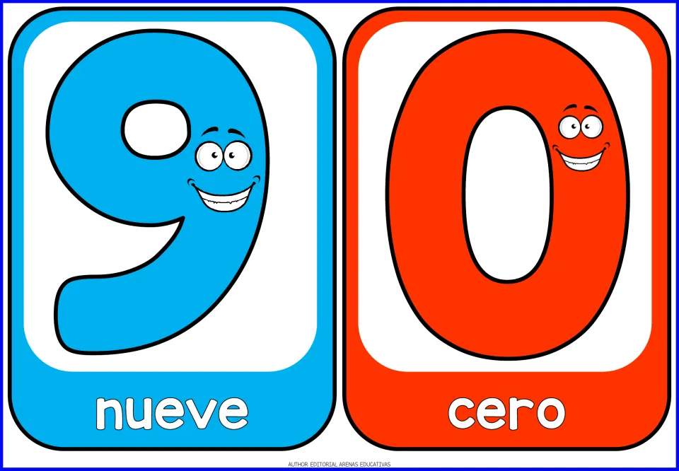 Number flashcards 9 and 0: blue 9 and red 0 with smiling faces, labeled nueve and cero to complete the 0 to 9 set